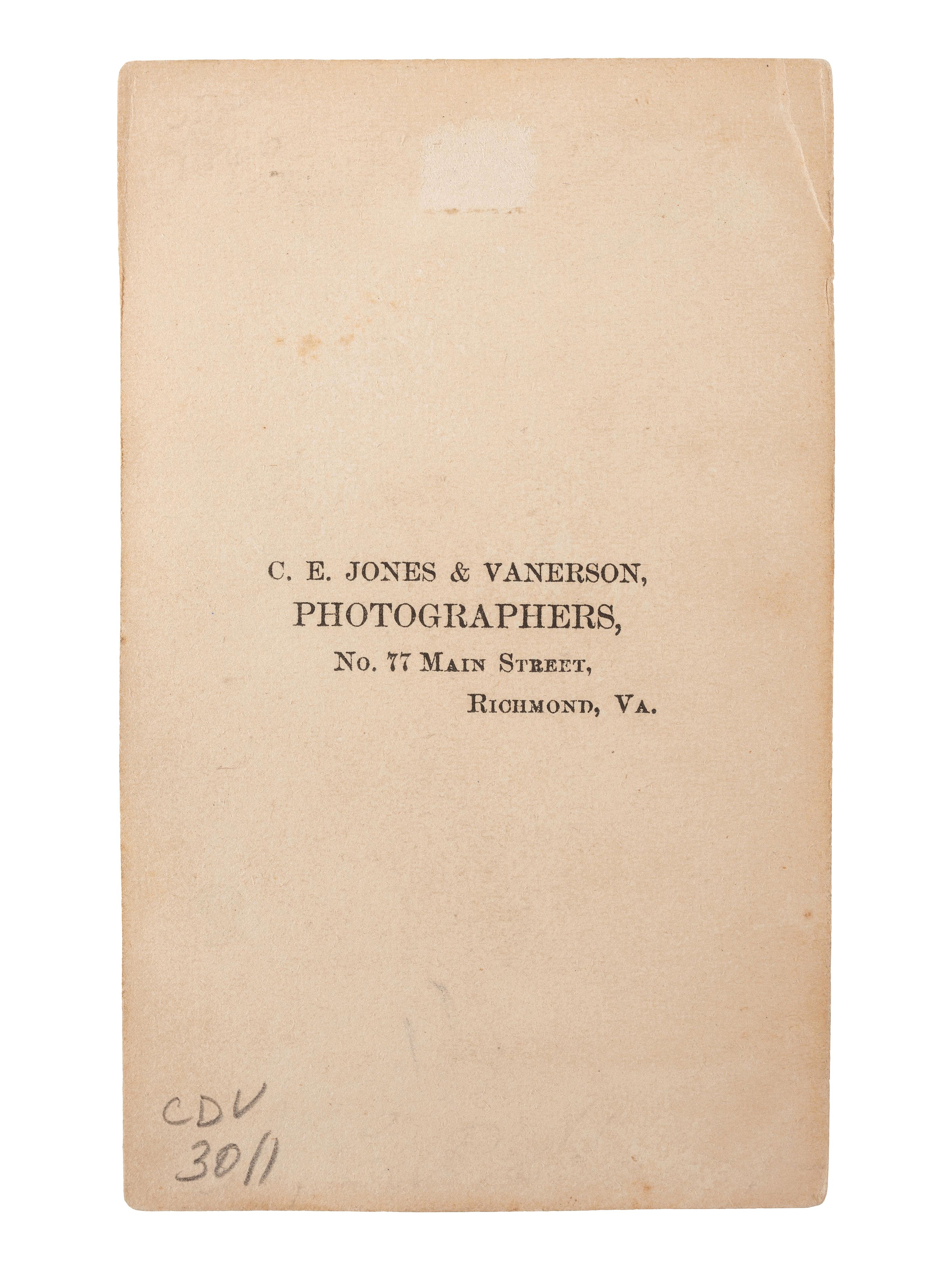 [CIVIL WAR]. JONES & VANERSON, photographers. CDV of J.E.B. Stuart. Richmond, Virginia: [ca 1860s].