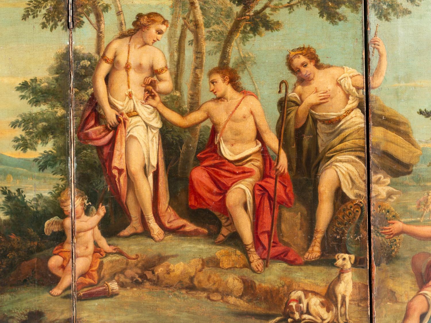 A Continental Painted Canvas Floor Screen Depicting The Judgement of Paris