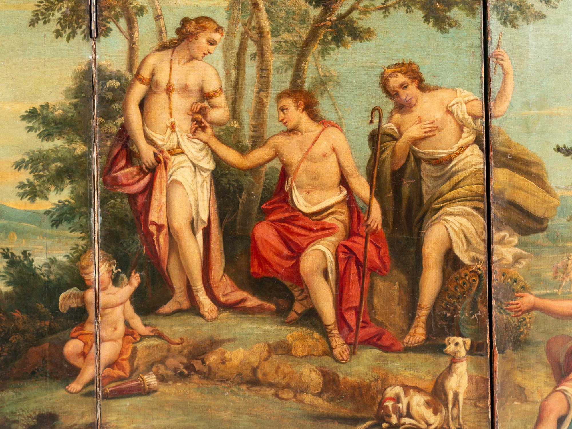 A Continental Painted Canvas Floor Screen Depicting The Judgement of Paris