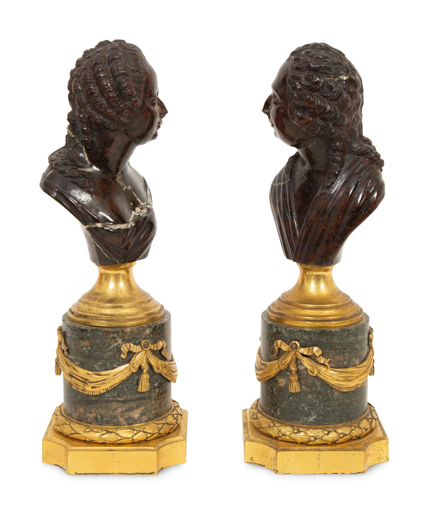 A Pair of Russian Carved Marble Busts of Alexander I and Elizabeth Alexeievna on Gilt Bronze-Mounted Marble Pedestals