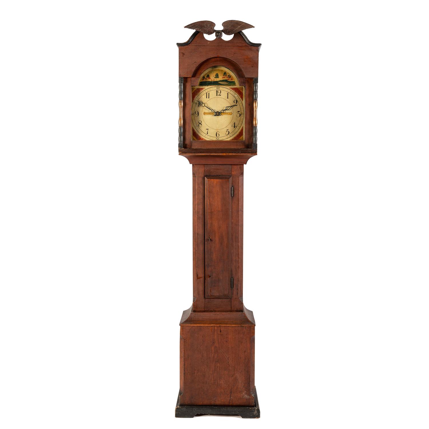 An Ohio Red-Painted Case Clock with Folk Art Eagle Finial