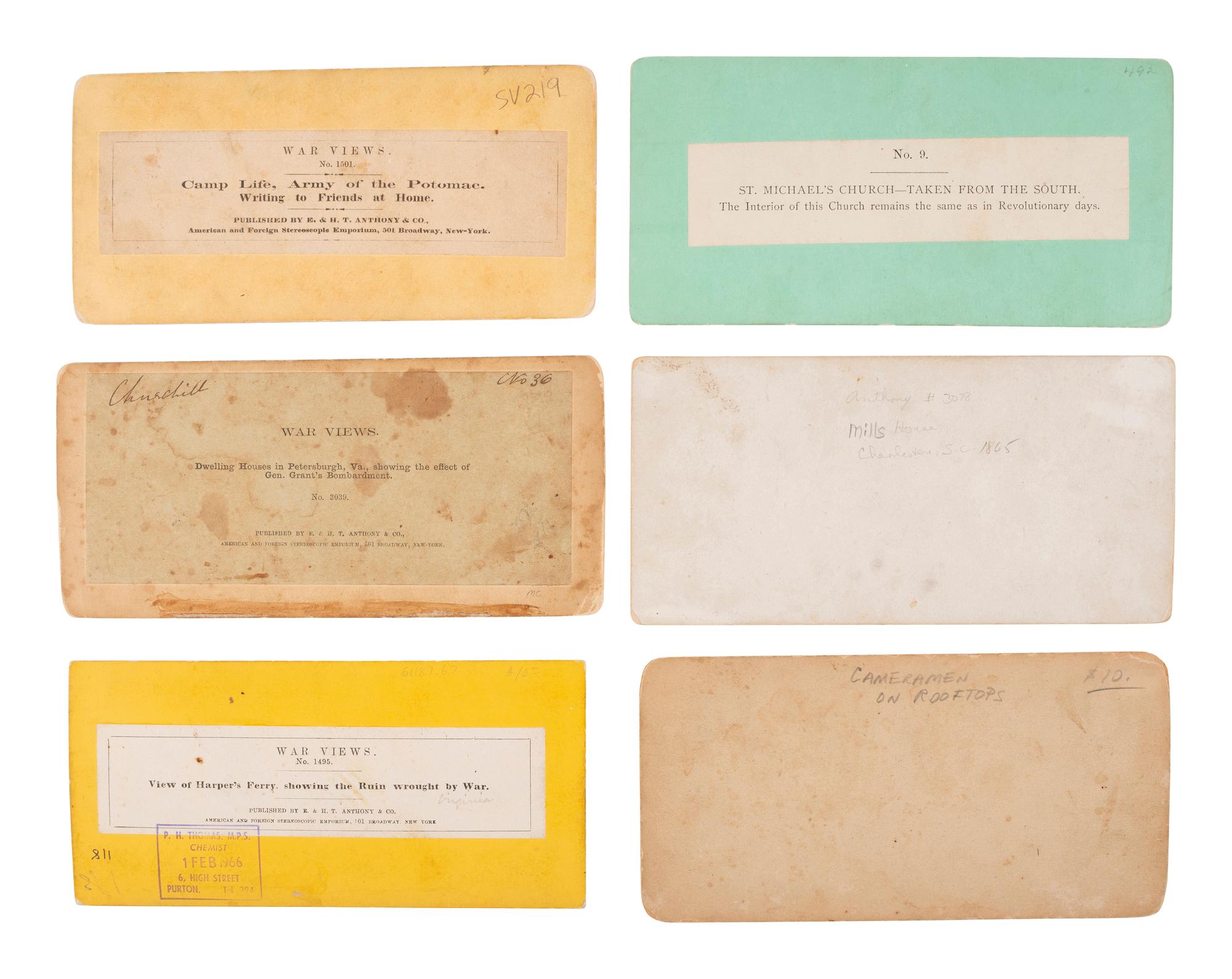 [CIVIL WAR]. 6 stereoviews, incl. images of Harpers Ferry, ruins of Charleston, and camp life.