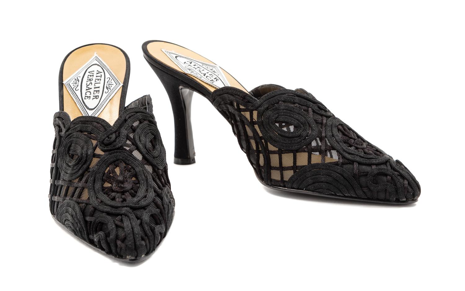 Atelier Versace Black Net and Braid Shoes, 1990s
