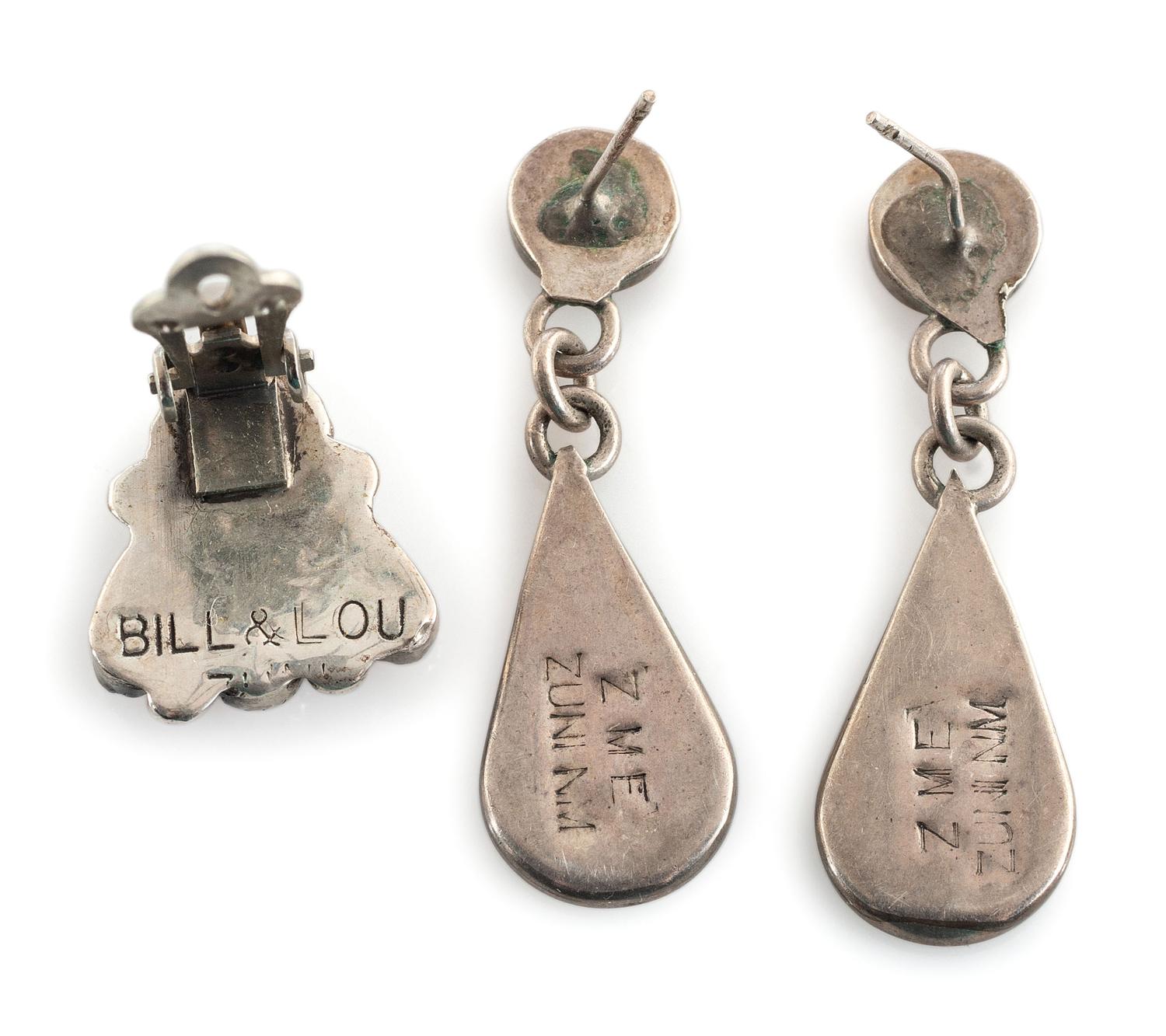Navajo and Zuni Silver Earrings, with Inlay