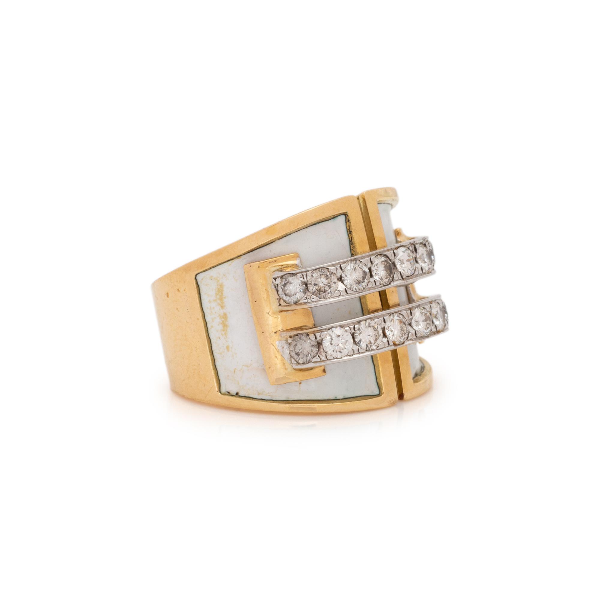 DIAMOND, ENAMEL, AND BICOLOR GOLD BUCKLE RING