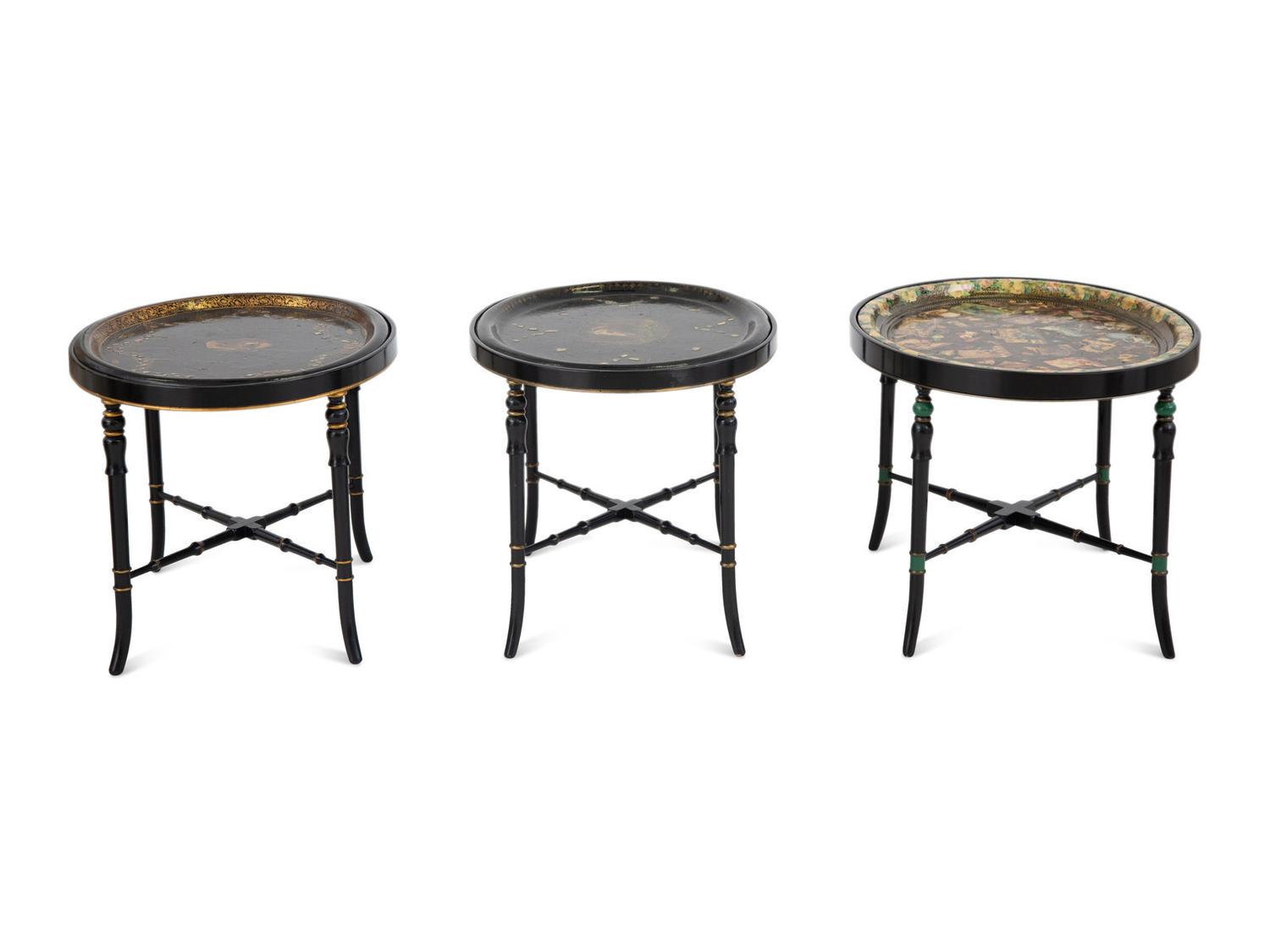 Three English Papier Mache Oval Serving Trays on Ebonized Stands