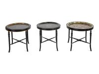 Three English Papier Mache Oval Serving Trays on Ebonized Stands