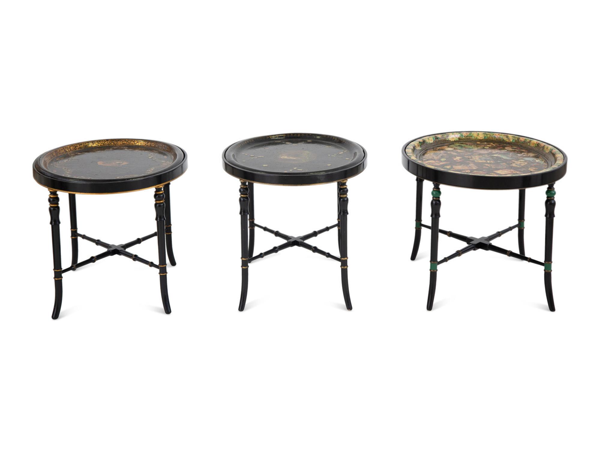 Three English Papier Mache Oval Serving Trays on Ebonized Stands