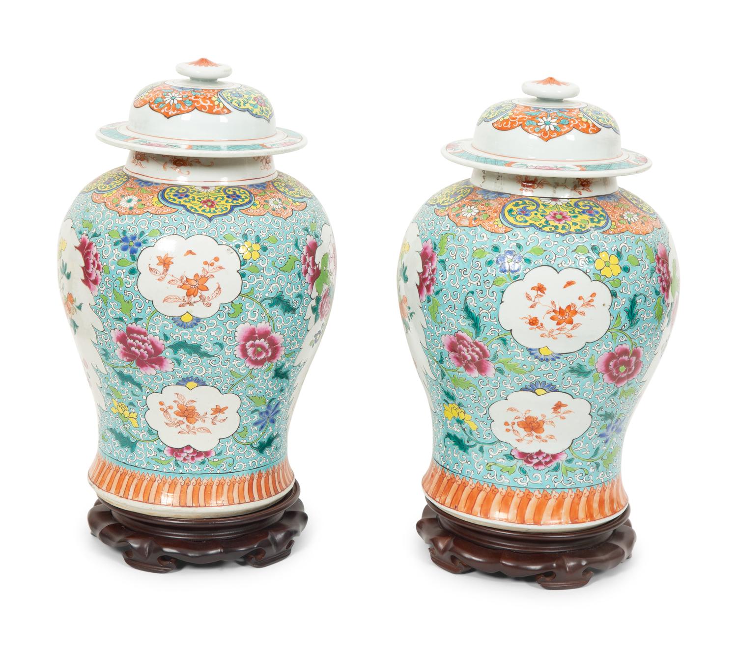 A Pair of Chinese Export Famille Rose Porcelain Covered Jars