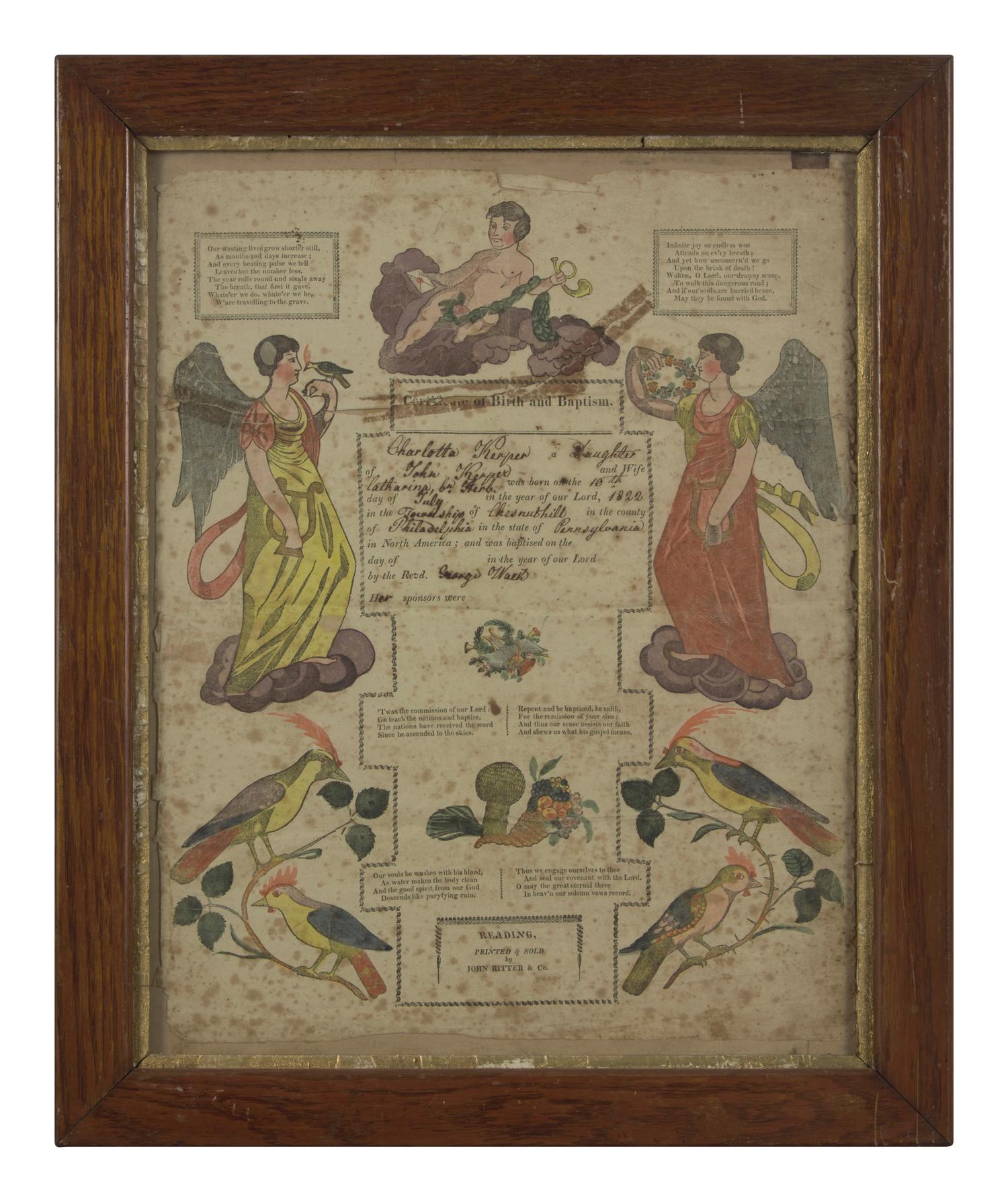 A Printed and Hand-Colored Fraktur Birth and Baptism Record for Charlotte Kerper, Chestnut Hill, Philadelphia, PA, Dated "1822"