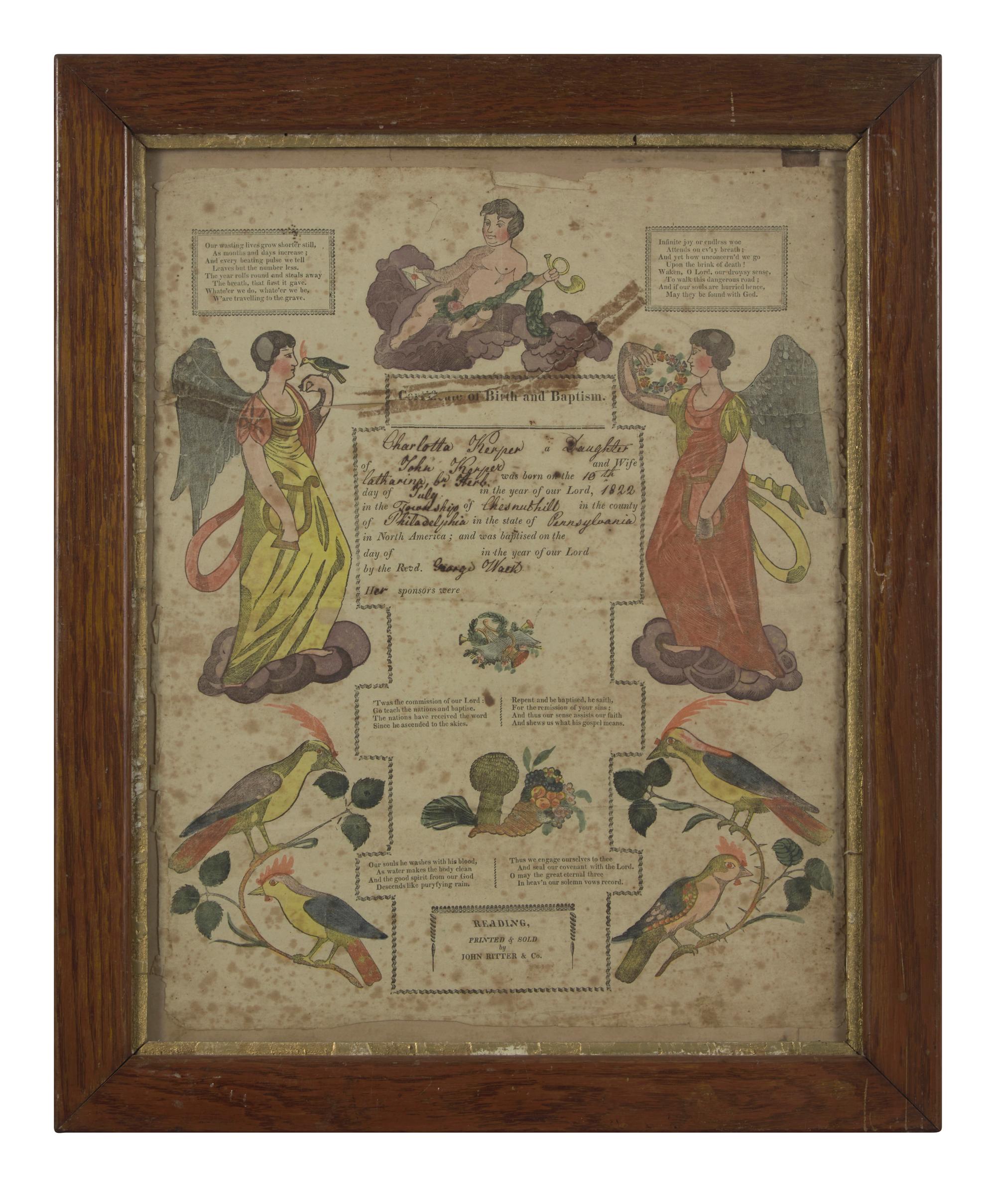 A Printed and Hand-Colored Fraktur Birth and Baptism Record for Charlotte Kerper, Chestnut Hill, Philadelphia, PA, Dated "1822"