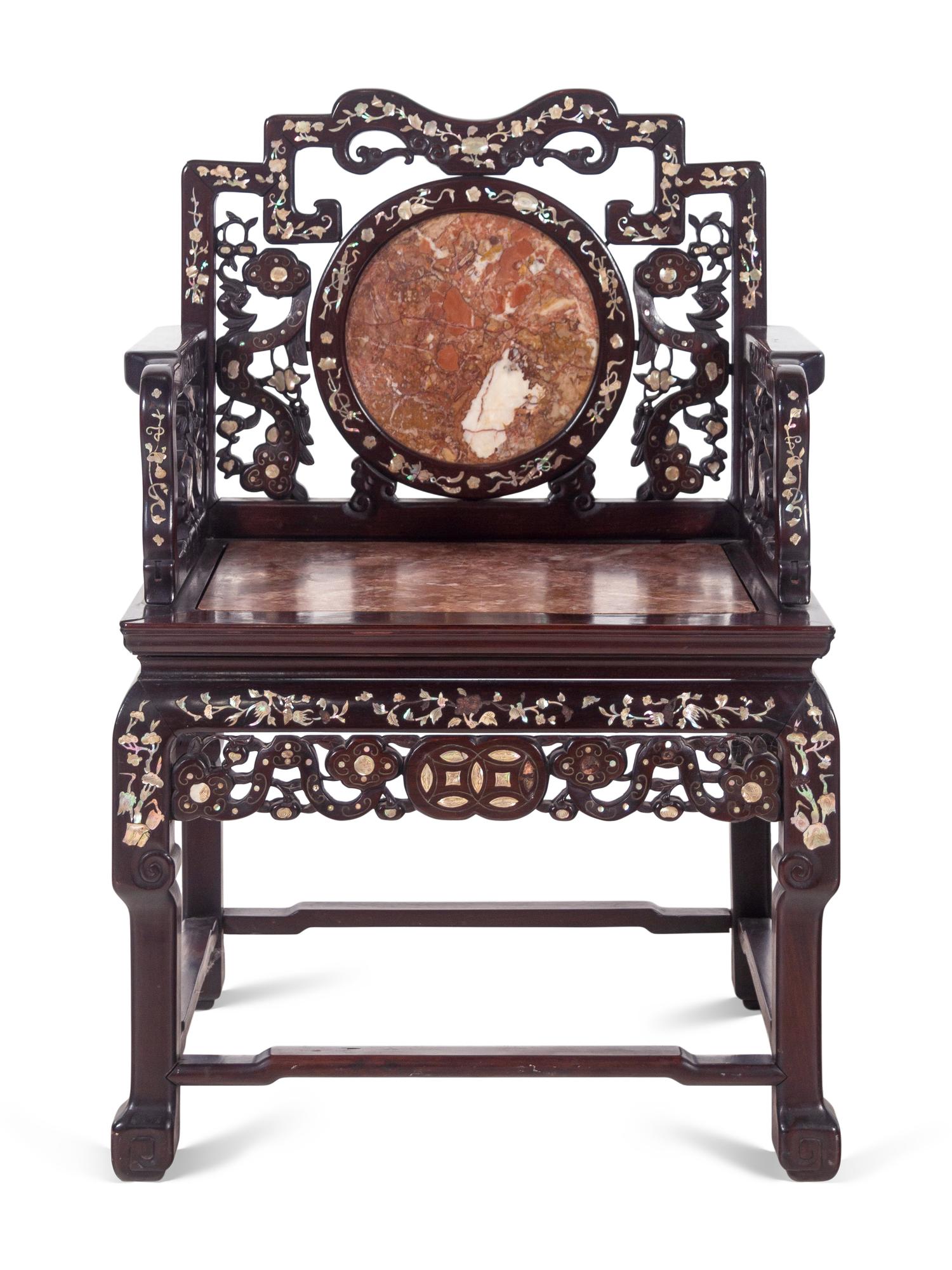 A Set of Marble Inset Mother-of-Pearl Inlaid Hardwood Armchair and Side Table