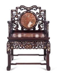 A Set of Marble Inset Mother-of-Pearl Inlaid Hardwood Armchair and Side Table