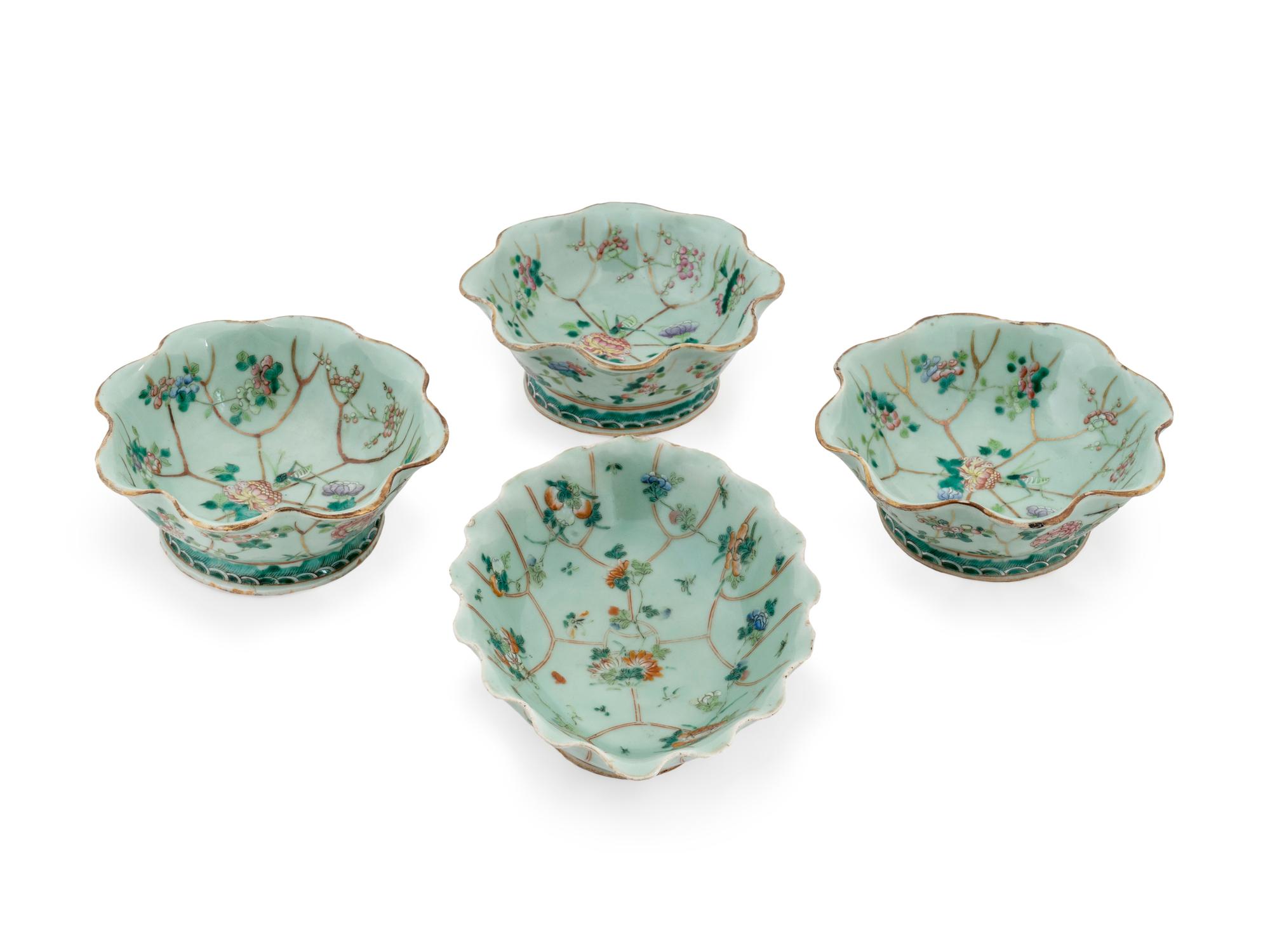 Four Chinese Export Famille Rose Celadon Porcelain Bowls — 19TH CENTURY
