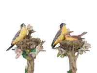 A Pair of Sitzendorf Porcelain Models of Birds with Giltwood Wall Brackets