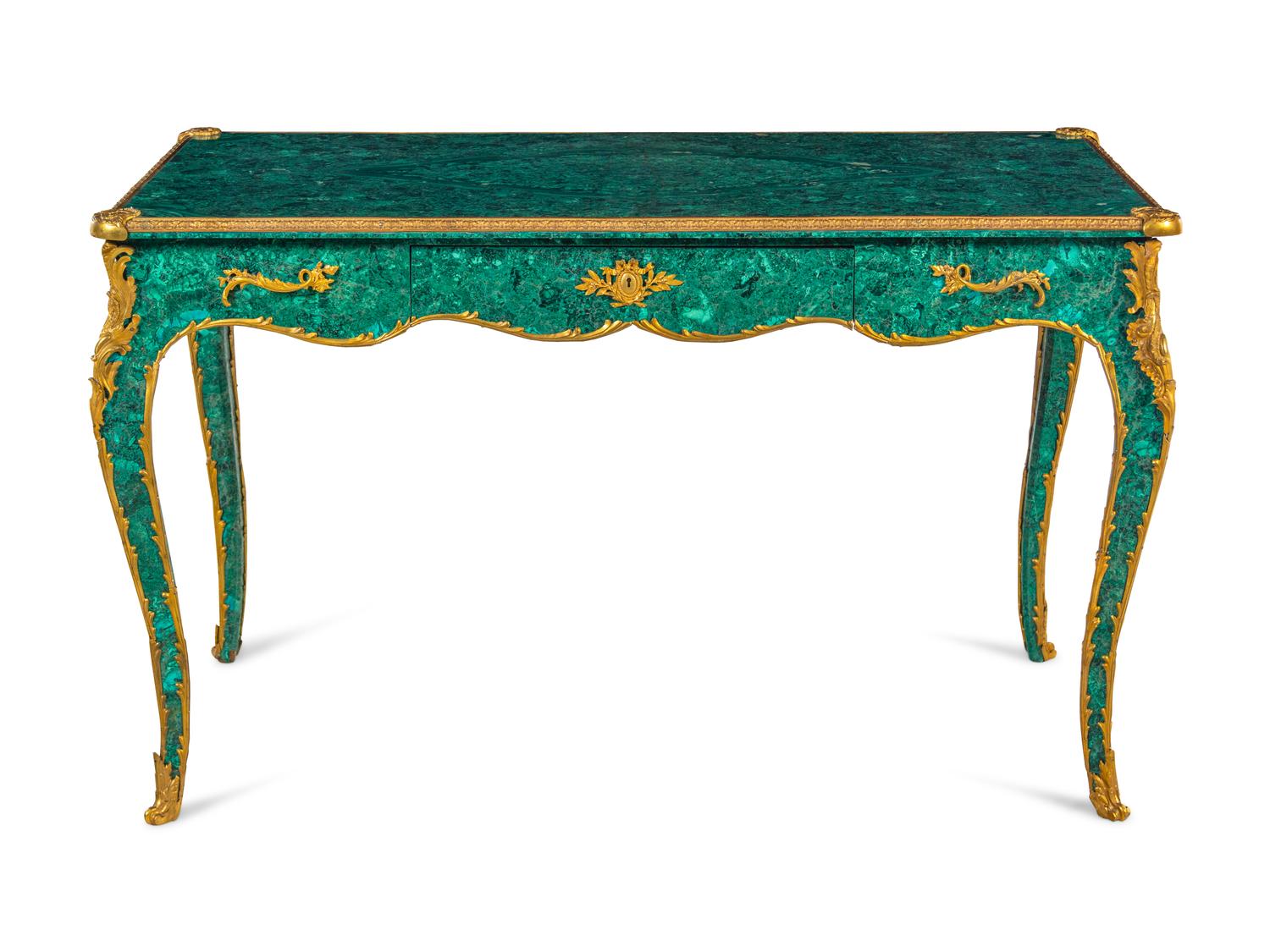 A Louis XV Style Gilt Bronze Mounted Malachite Veneered Bureau Plat