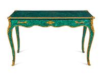 A Louis XV Style Gilt Bronze Mounted Malachite Veneered Bureau Plat