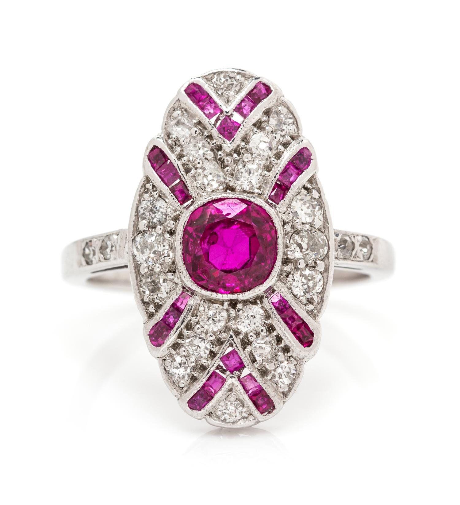 An Art Deco White Gold, Ruby and Diamond Ring, 2.80 dwts.
