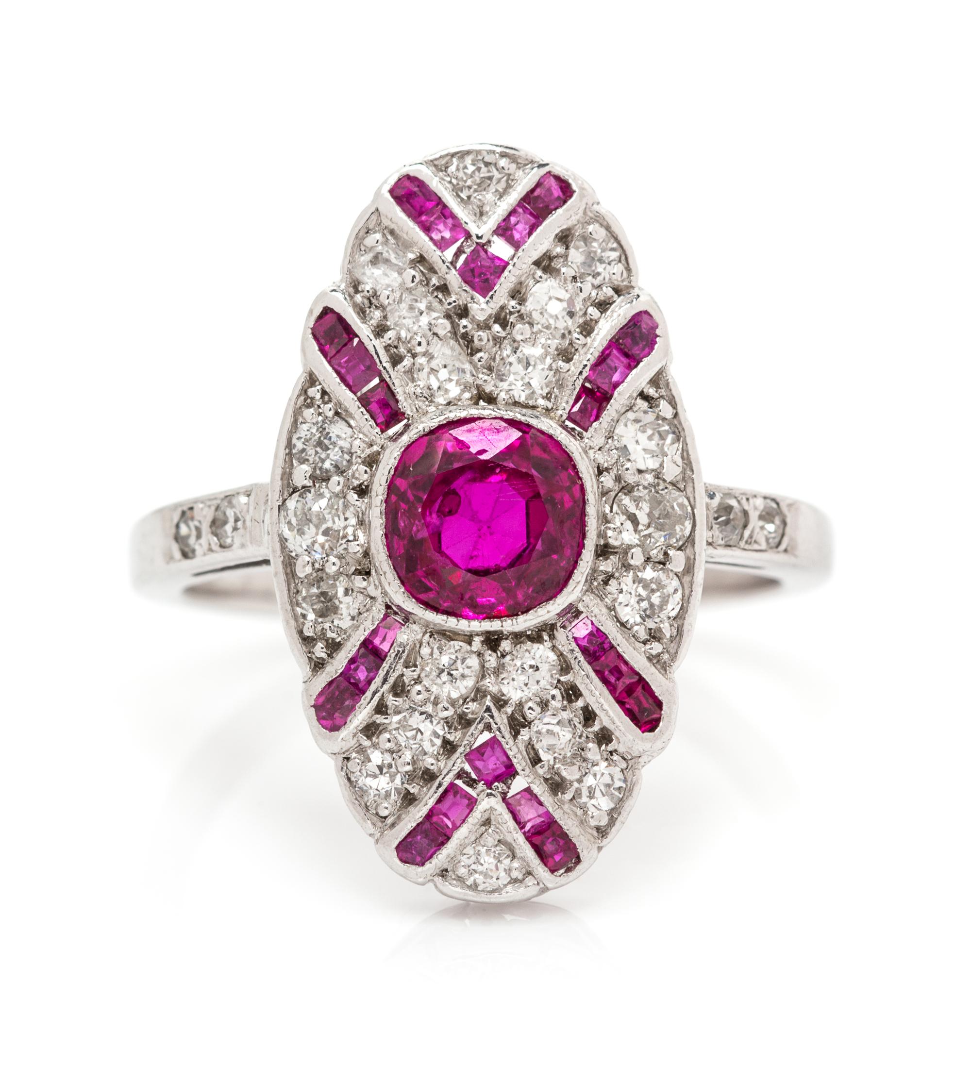 An Art Deco White Gold, Ruby and Diamond Ring, 2.80 dwts.