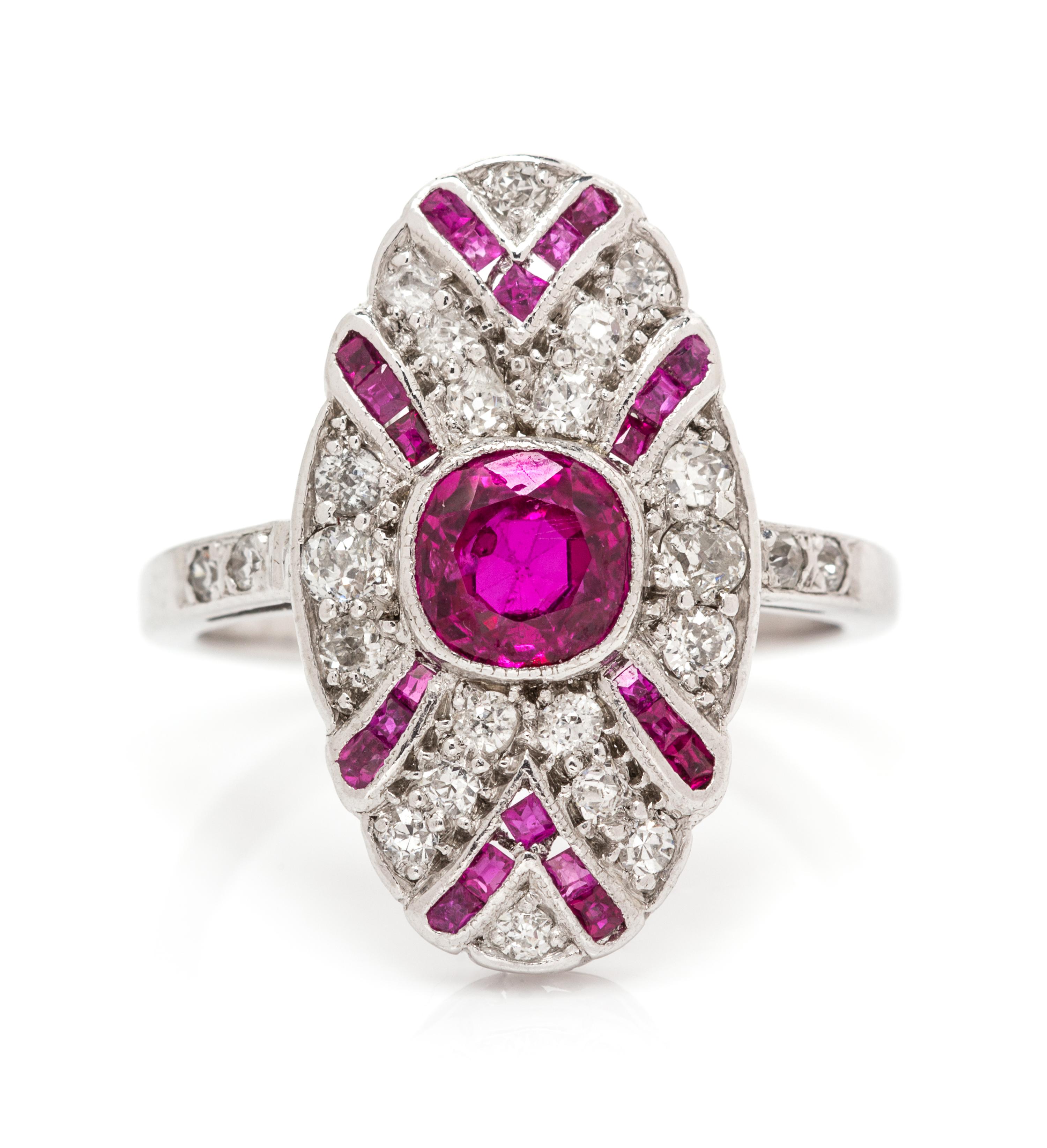 An Art Deco White Gold, Ruby and Diamond Ring, 2.80 dwts.