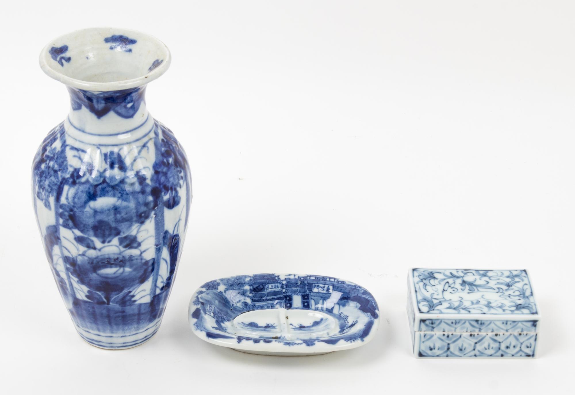 Three Chinese Blue and White Porcelain Articles Height of first 8 inches.