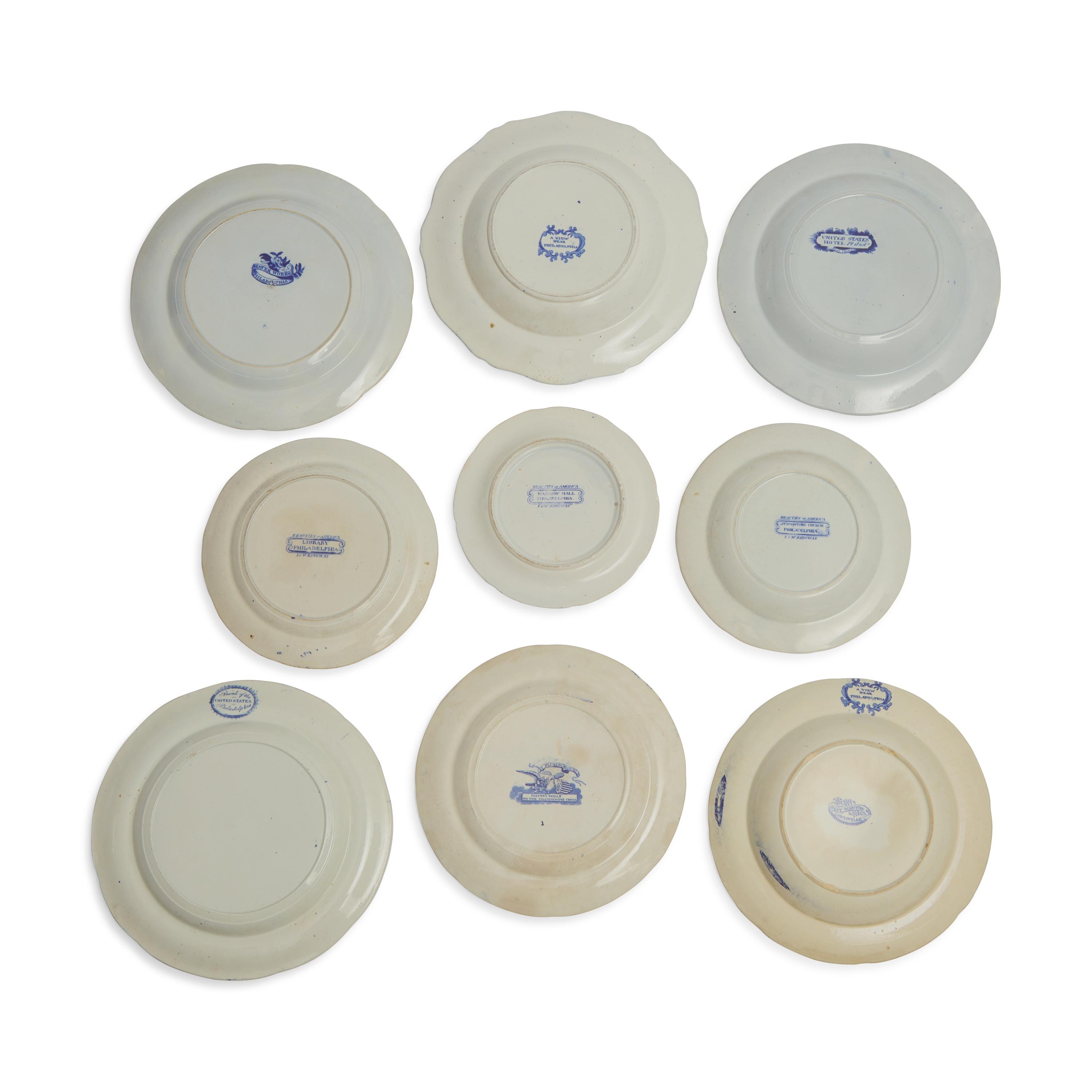 A Group of Nine Staffordshire Historical Blue Transferware Plates of Philadelphia Interest