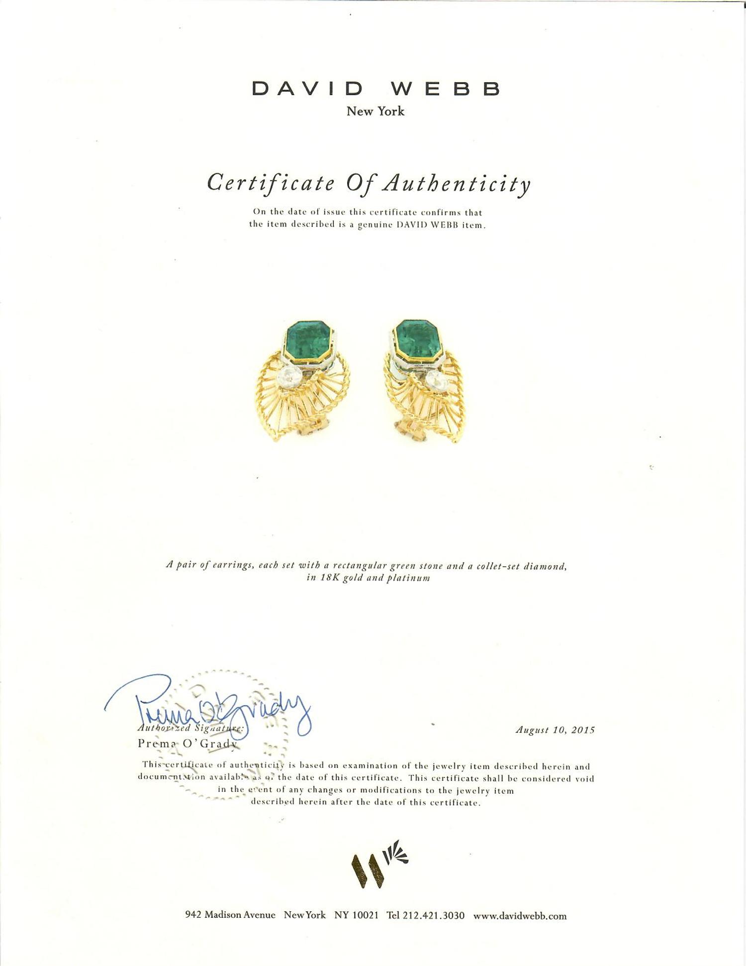 DAVID WEBB, YELLOW GOLD, DIAMOND AND GREEN GLASS EARRINGS