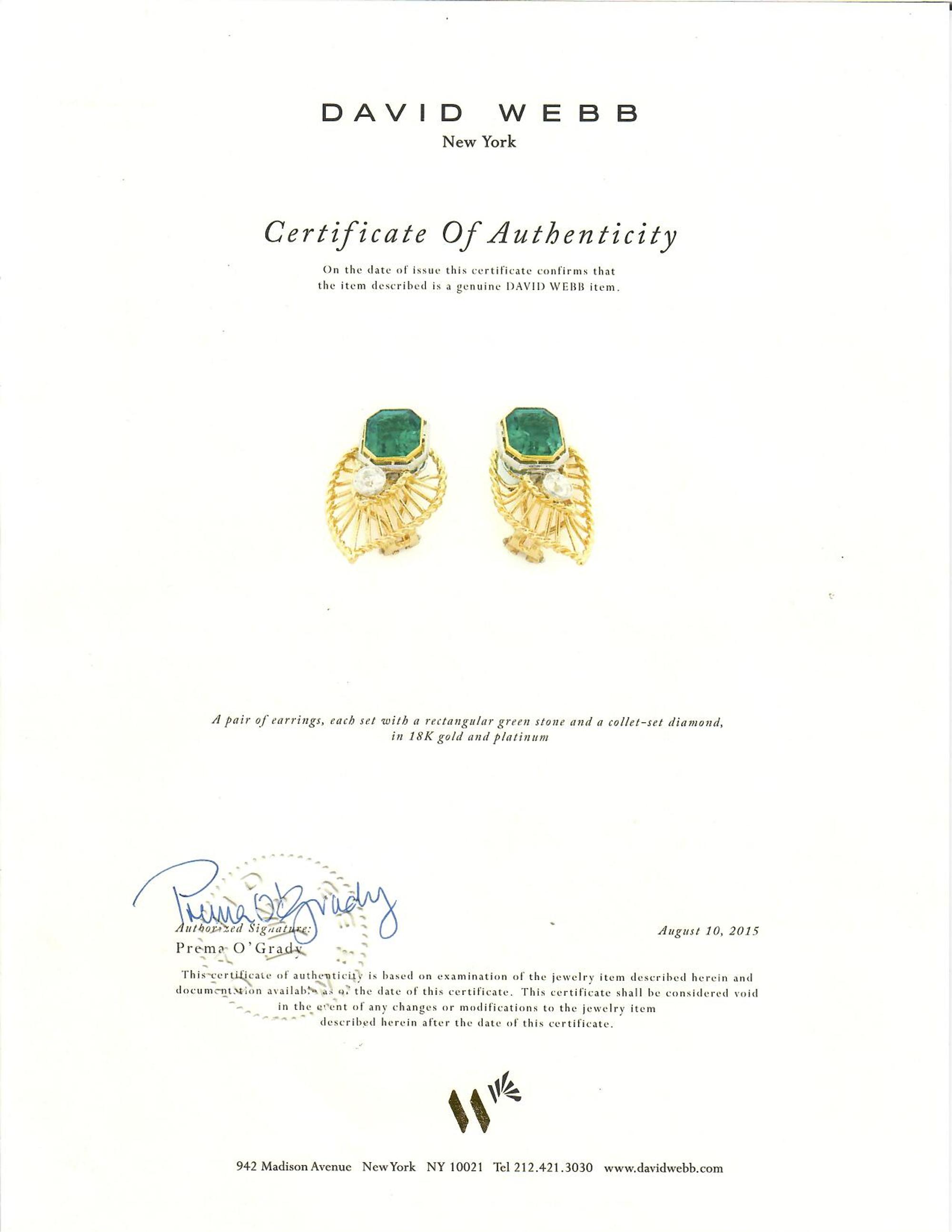 DAVID WEBB, YELLOW GOLD, DIAMOND AND GREEN GLASS EARRINGS
