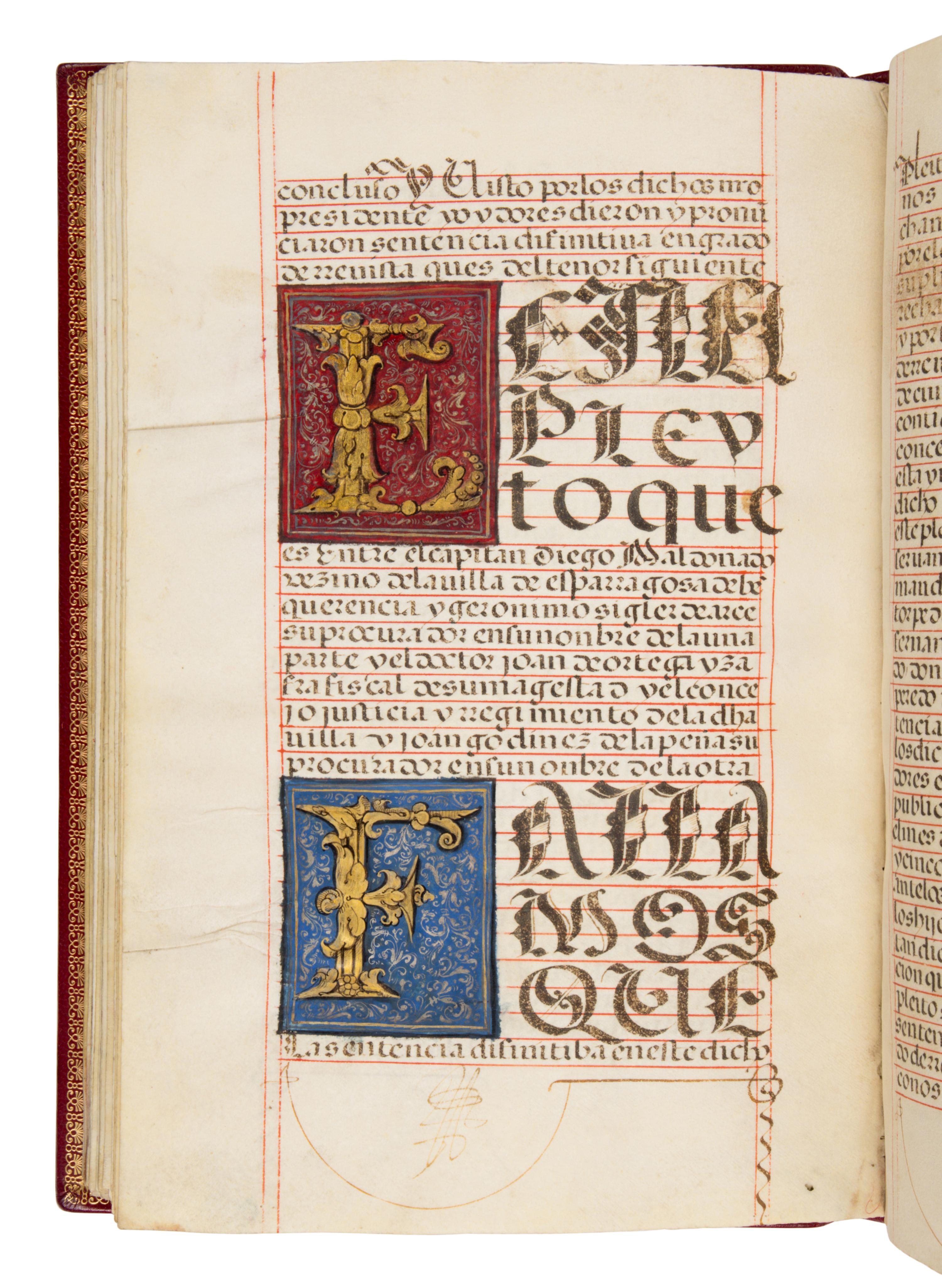 JUAN DEL CASTILLO (likely) (Seville, c. 1584-1640) Carta Ejecutoria de hidalguía (for Diego Maldonado), Illuminated manuscript on parchment [Spain, Granada and Seville, c. 1604–1605]