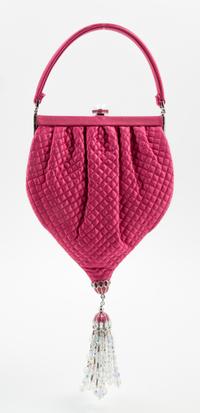 A Judith Leiber Pink Satin Quilted Handbag, 5.5" x 10" x 1"; Handle drop: 3".
