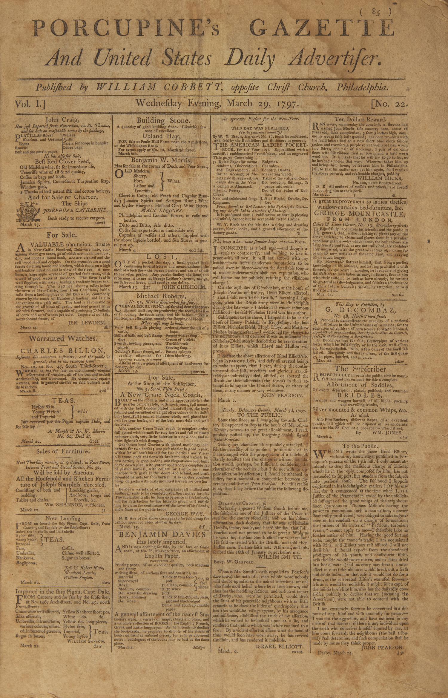 [American Newspapers] (Cobbett, William) Porcupine's Gazette And United States Daily Advertiser, Group of Over 100 issues, 1797-99