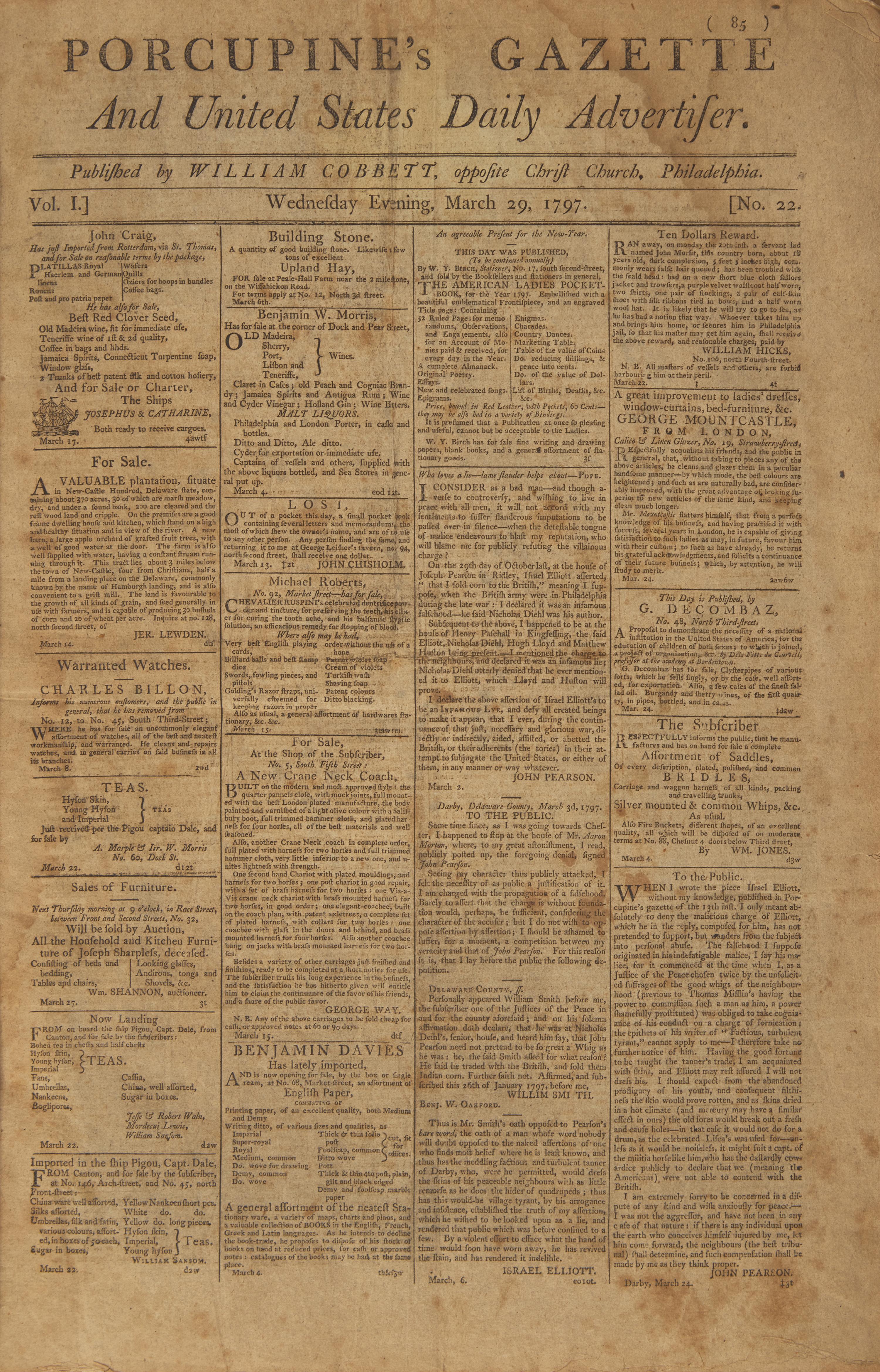 [American Newspapers] (Cobbett, William) Bound Volume of Porcupine's Gazette And United States Daily Advertiser, Group of Over 100 issues, 1797-99