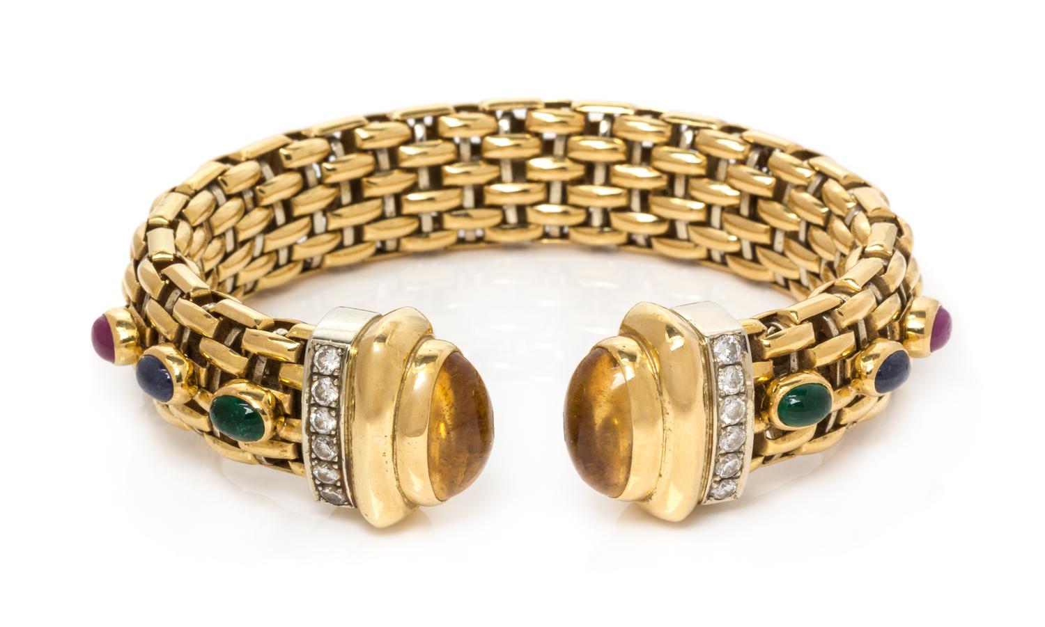An 18 Karat Bicolor Gold, Multigem and Diamond Cuff Bracelet, OWC, 46.40 dwts.
