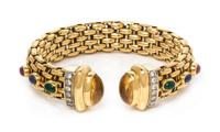 An 18 Karat Bicolor Gold, Multigem and Diamond Cuff Bracelet, OWC, 46.40 dwts.