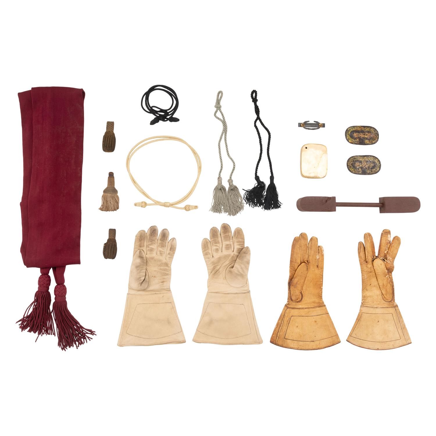 Group of Civil War Reenactment Items: Officer's Sash & (2) Sets of Gauntletts, Insignia