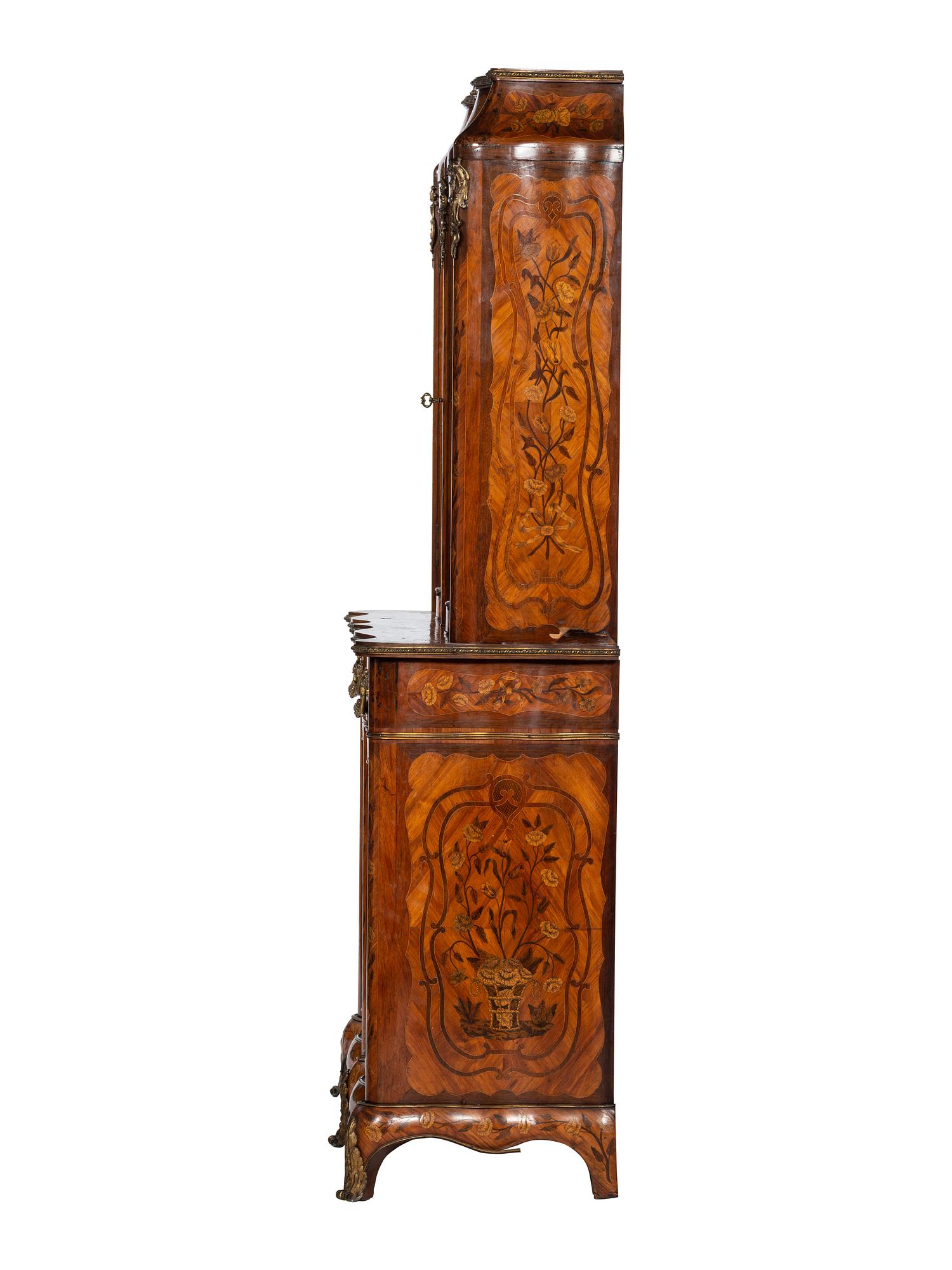 A Louis XV Style Gilt Bronze Mounted Marquetry Serpentine-Front Vitrine Cabinet
