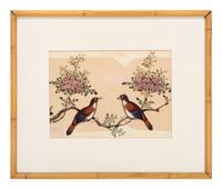 Seven Chinese Export Pith Paintings of Perched Birds and Flowers
