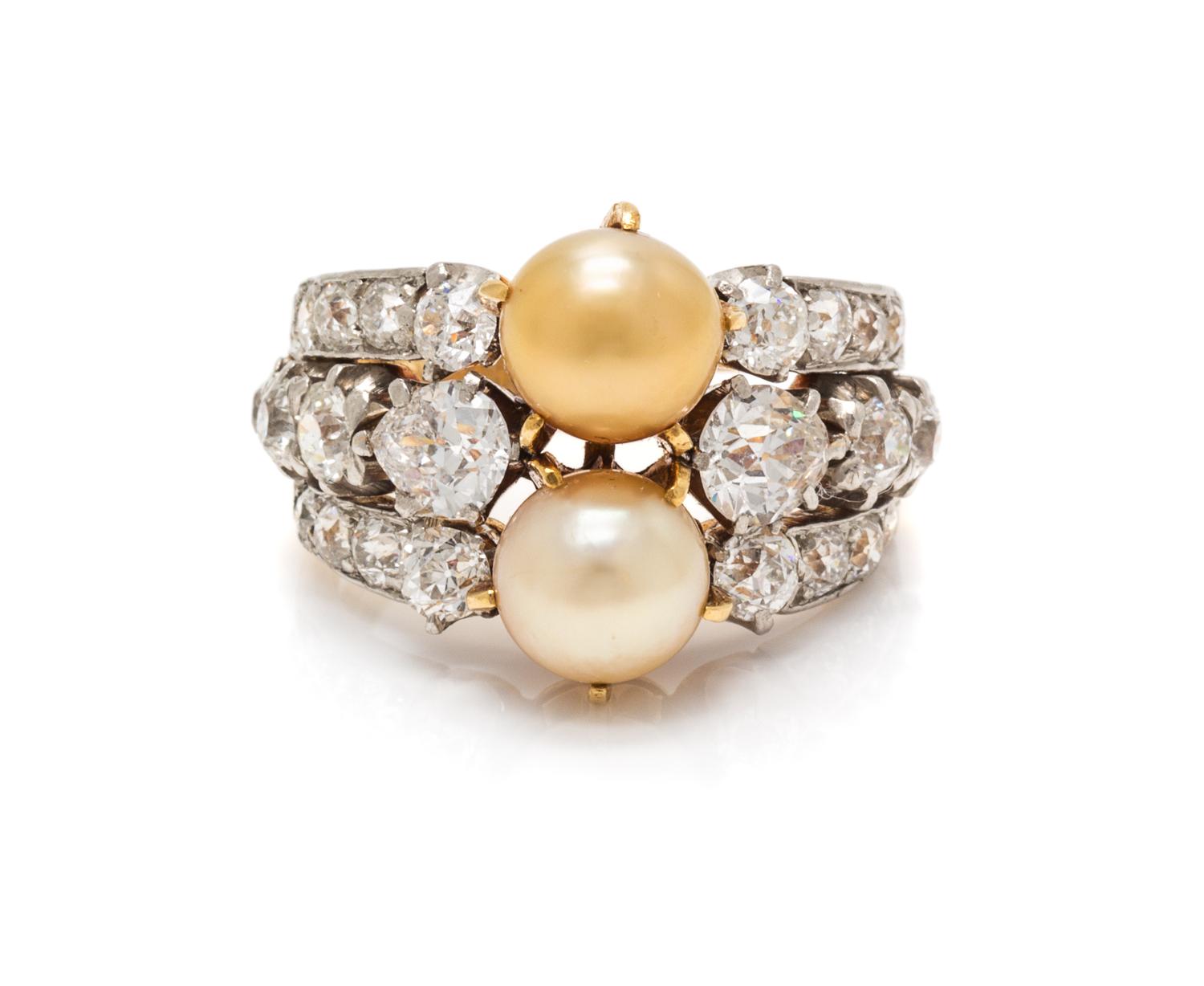 An Edwardian Platinum Topped Gold, Natural Pearl and Diamond Ring, Tiffany & Co., 5.40 dwts.