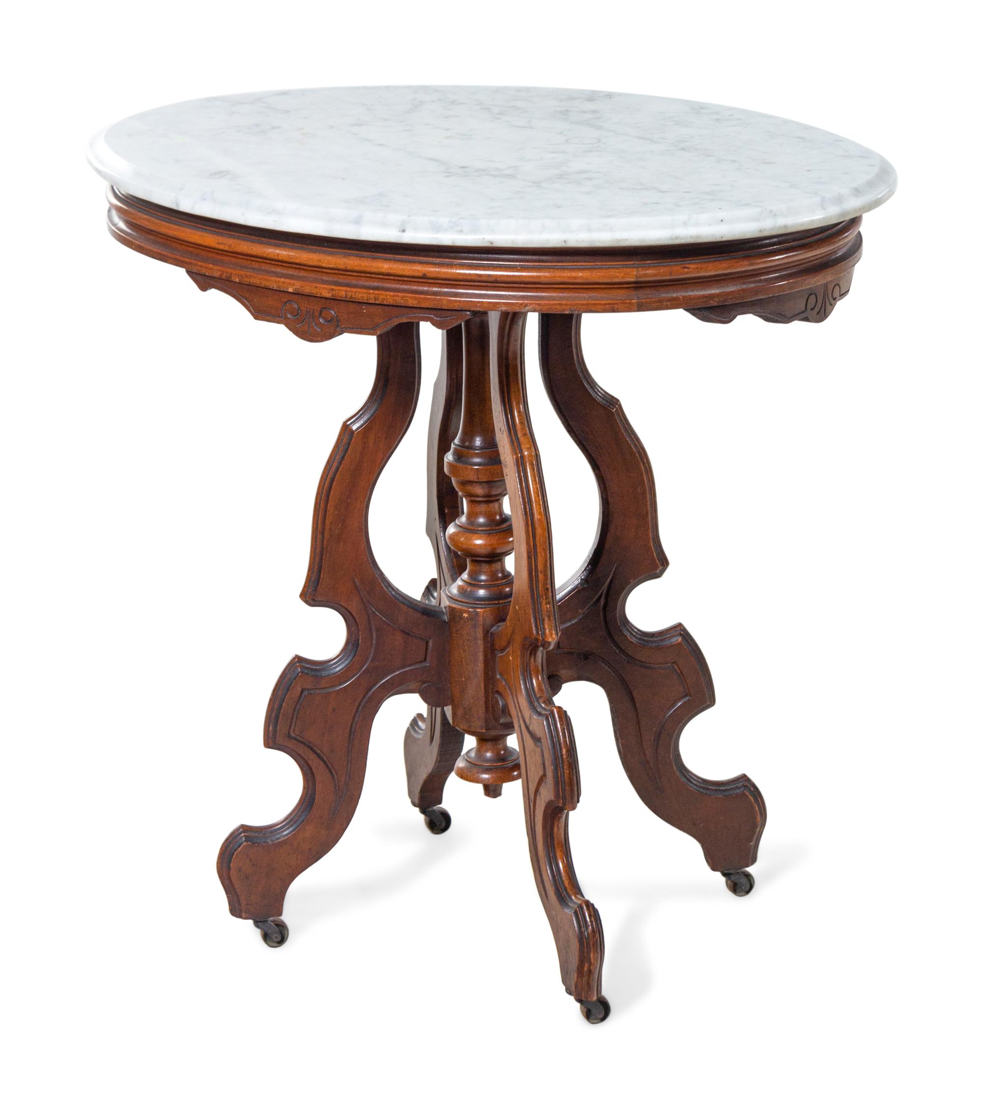 An Italian Walnut Marble-Top Side Table and a Victorian Walnut Marble-Top Side Table