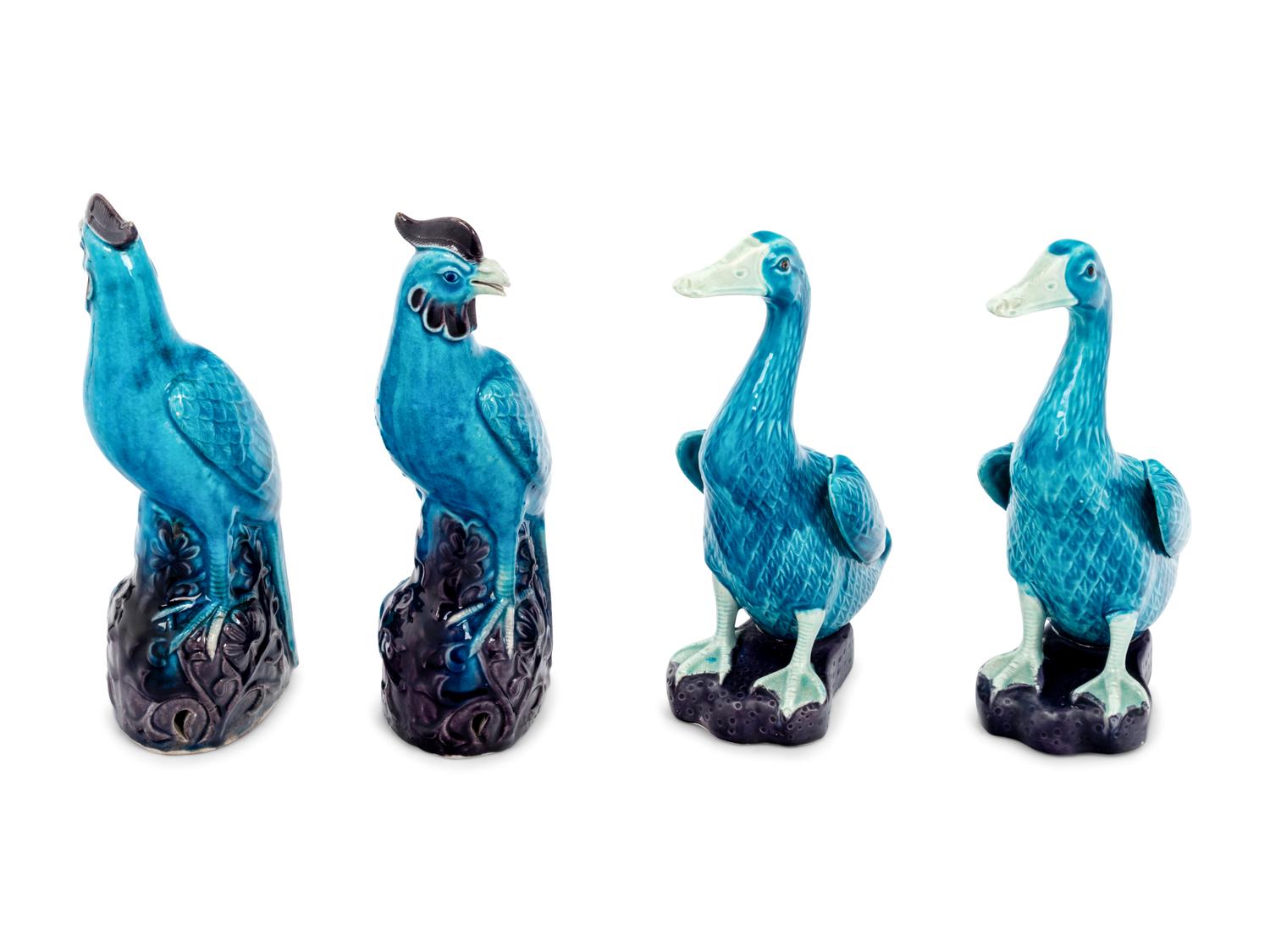 Two Pairs of Chinese Turquoise Glazed Porcelain Figures of Birds