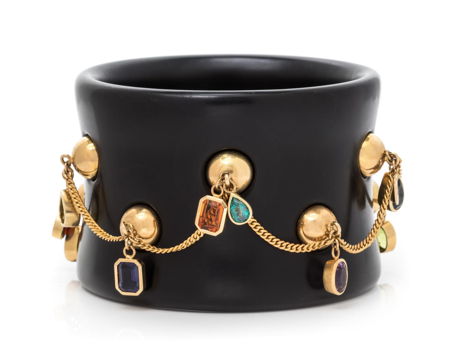 An 18 Karat Yellow Gold, Multigem and Resin Bangle Bracelet, French, 75.30 dwts.