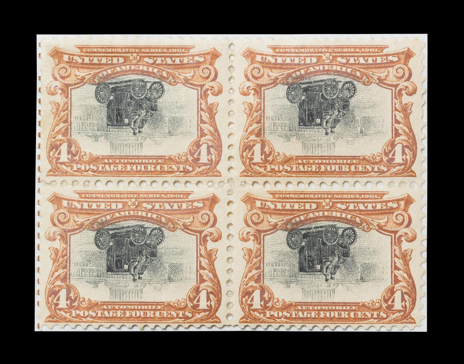 A Block of Four United States 1901 Deep Red-Brown & Black Pan-American Inverted Center 4-Cent Stamps — #296a