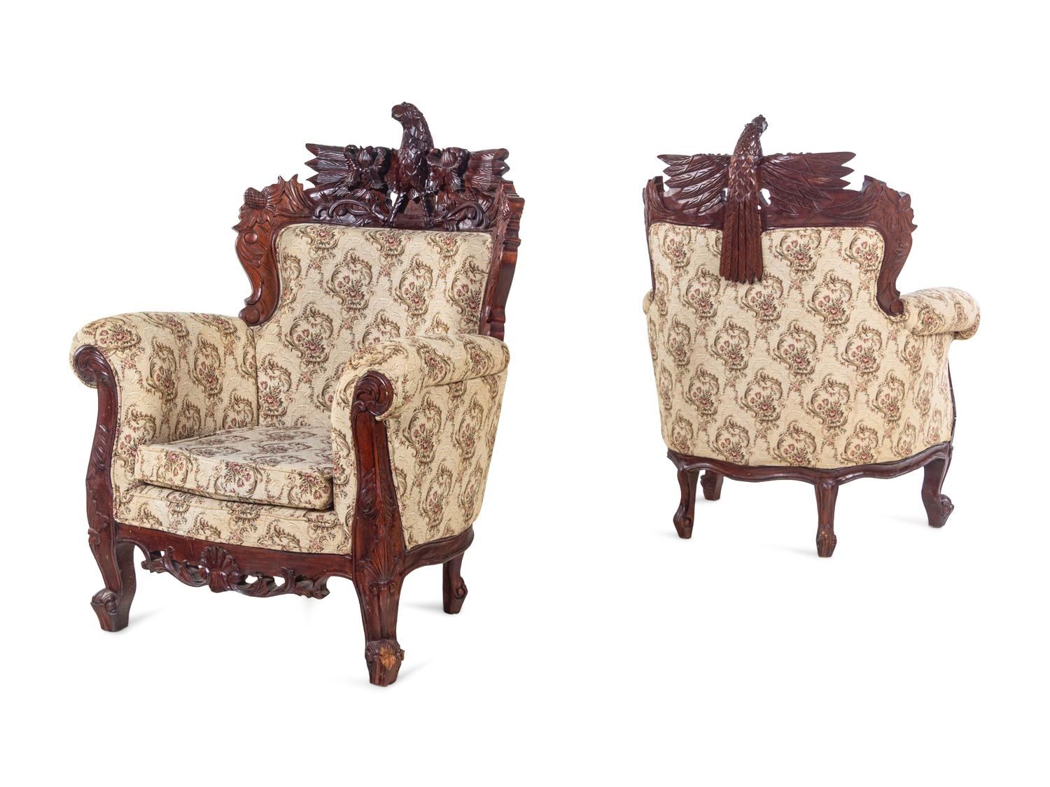 A Pair of Anglo-Colonial Style Carved Mahogany Armchairs