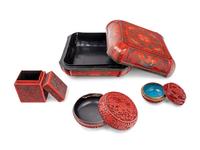 Four Chinese Red Lacquer Covered Boxes