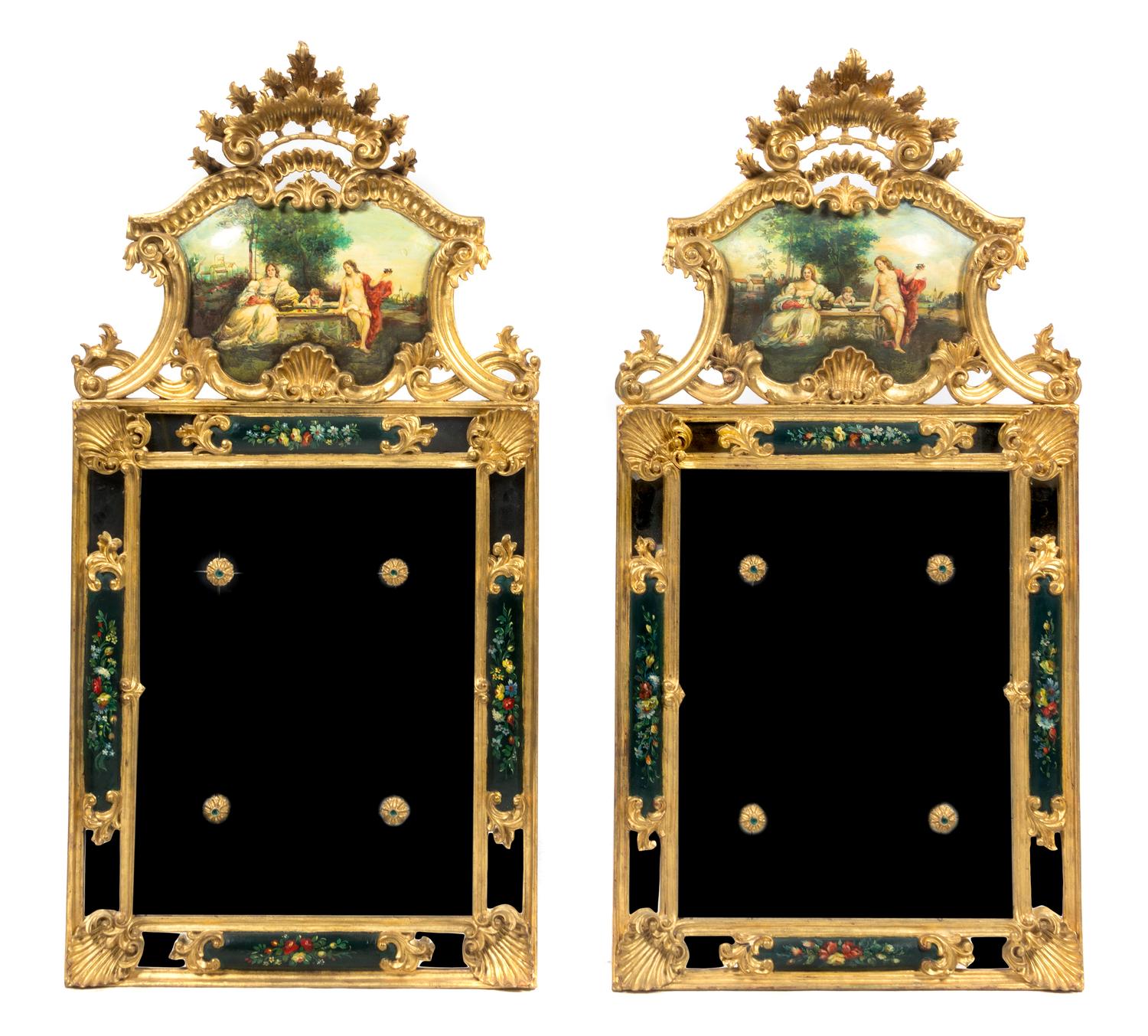 A Pair of Vernis Martin Decorated Giltwood Mirrors, Height 36 x width 17 3/4 inches.