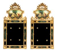 A Pair of Vernis Martin Decorated Giltwood Mirrors, Height 36 x width 17 3/4 inches.