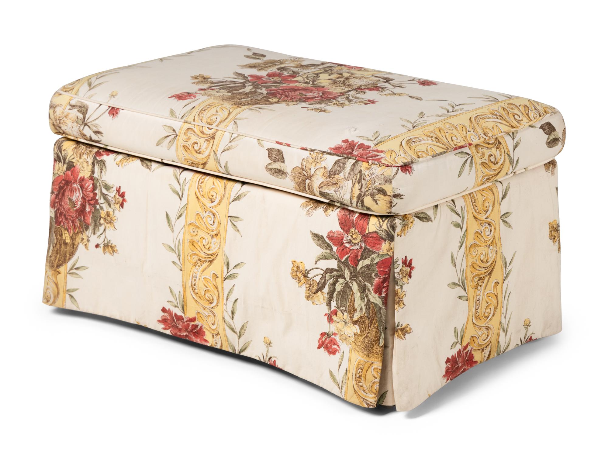 A Pair of Printed Cotton Upholstered Lounge Chairs with Ottoman