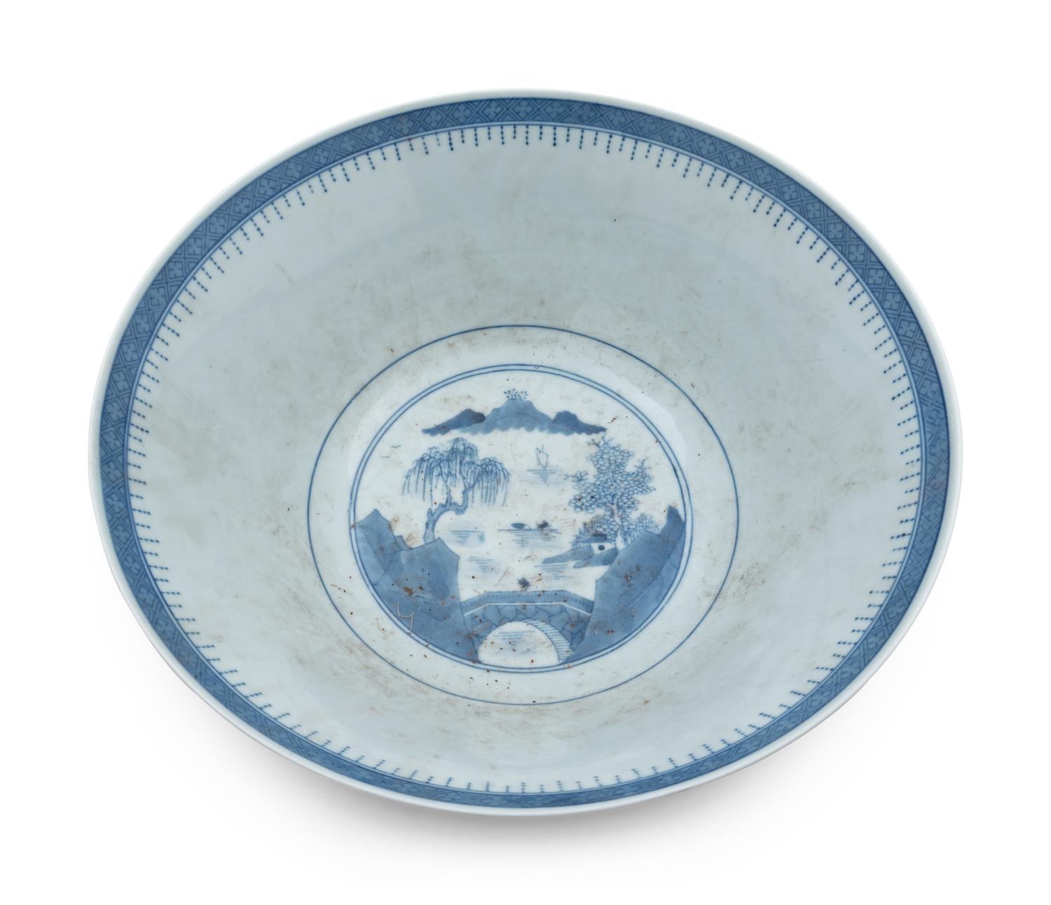 Three Chinese Export Blue and White Porcelain Punch Bowls
