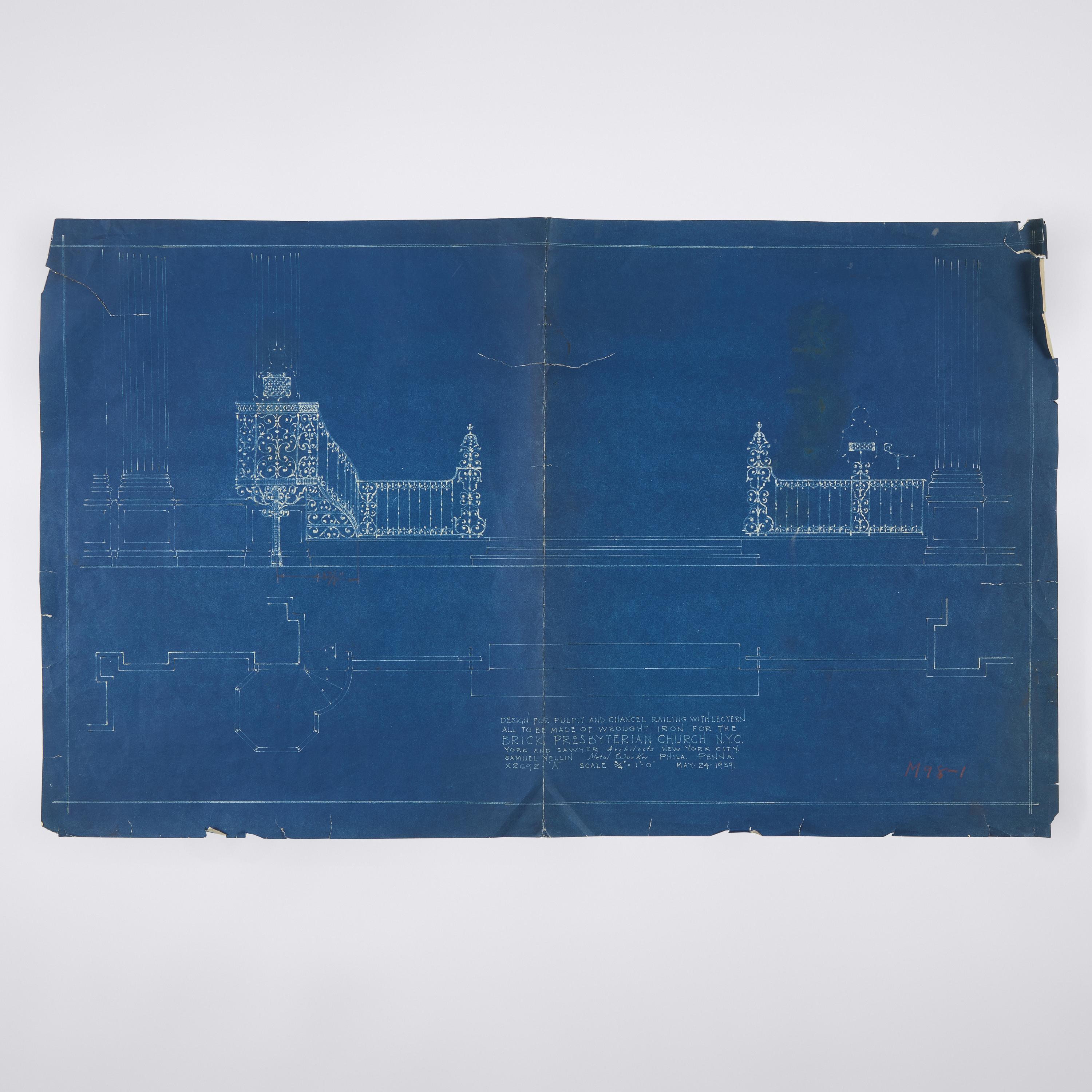 Studio of Samuel Yellin (American, 1884–1940) — Group of Three Blueprints Including Railing, Chandelier and Signpost Bracket, 1926–1939