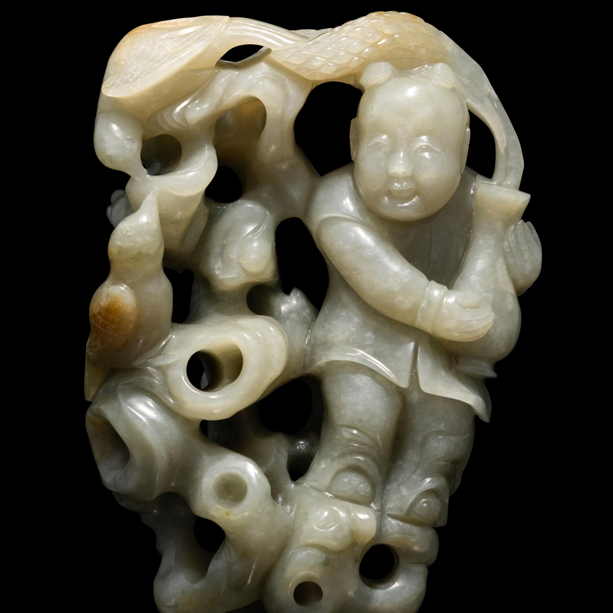 A Chinese Greyish Celadon Jade Group of a Boy and Birds, Qing Dynasty 清 青玉鏤雕童子持蓮
